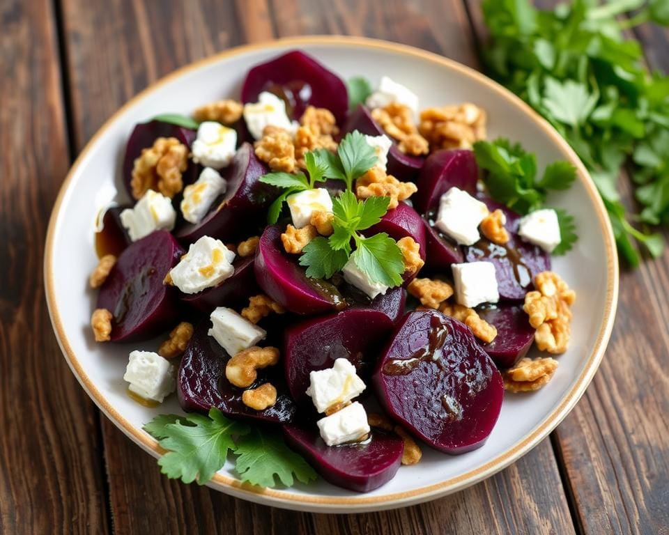 Geroosterde bietensalade met geitenkaas en walnoten