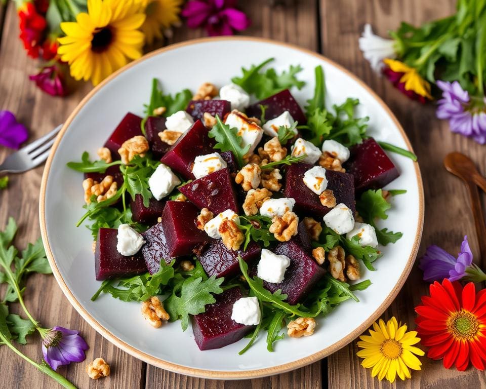 Geroosterde bietensalade met geitenkaas en walnoten