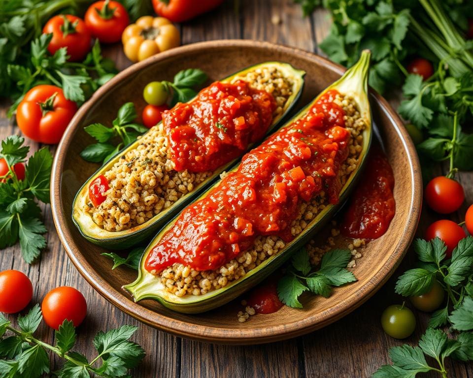 Gevulde courgettes met quinoa en tomatensaus