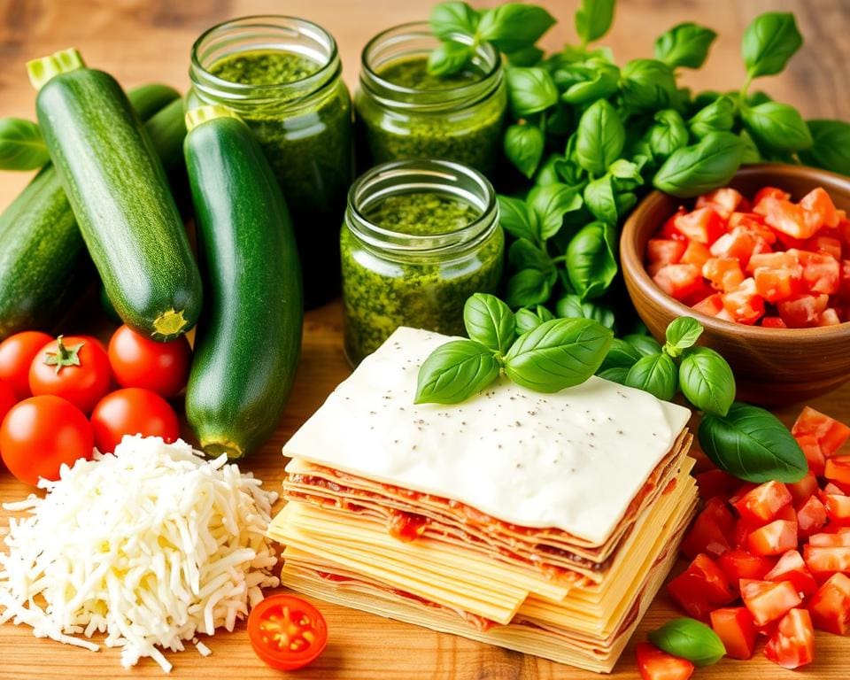 Ingrediënten lasagne met courgette en pesto