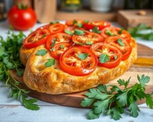 Italiaanse focaccia met tomaat en verse oregano