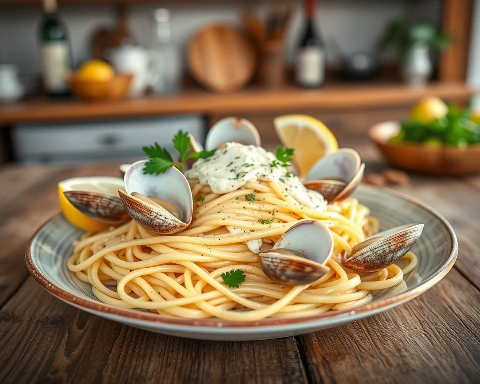 Linguine met venusschelpen in witte wijnsaus