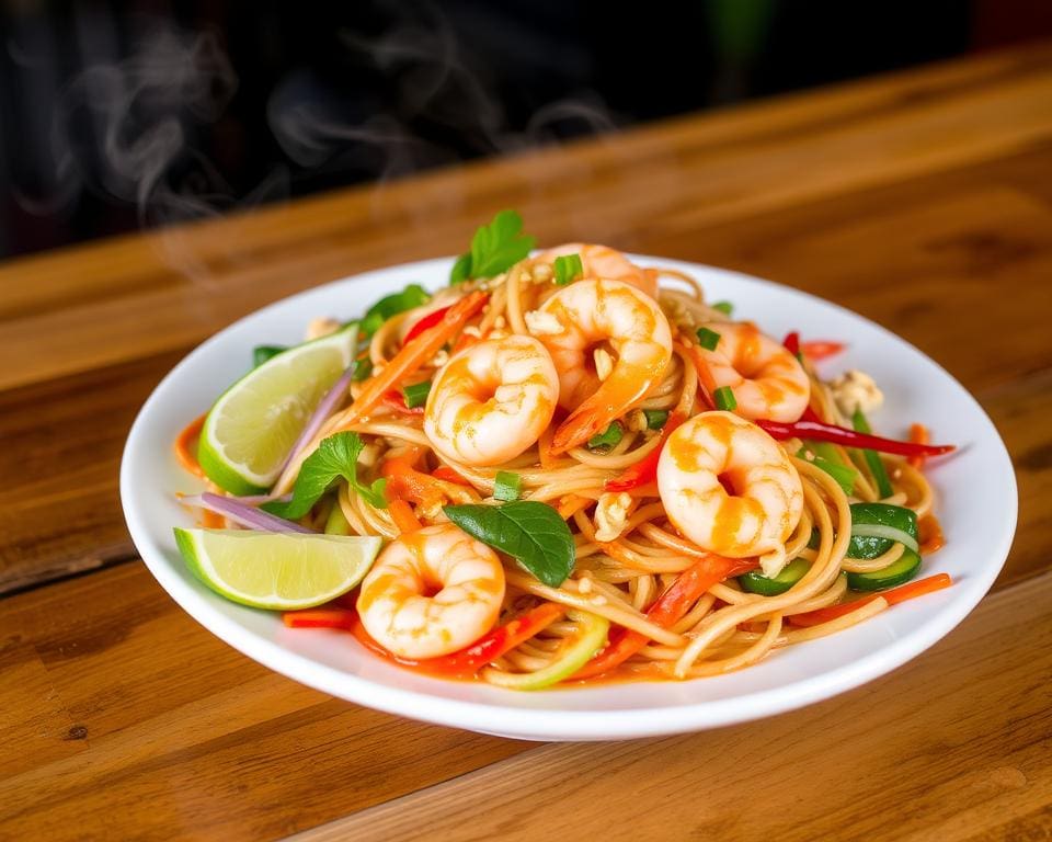 Pad Thai met garnalen en een pittige pinda-saus