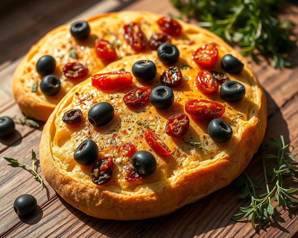 Pittige focaccia met olijven en zongedroogde tomaten