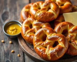 Pretzelbroodjes met grove mosterd en kaas