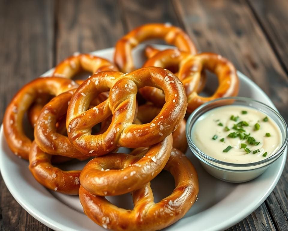 Pretzels met een hartige kruidenboterdip