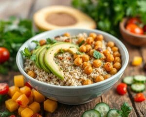 Quinoa bowl met avocado en geroosterde kikkererwten