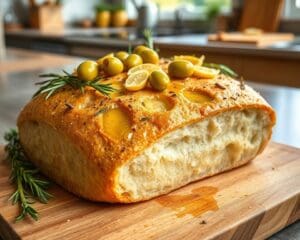 Rozemarijn focaccia met olijven en knoflook