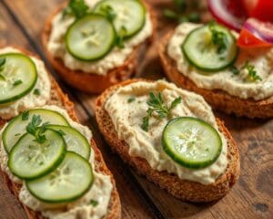 Speltboterhammen met hummus en komkommer