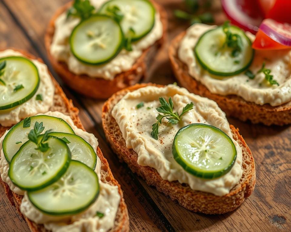 Speltboterhammen met hummus en komkommer