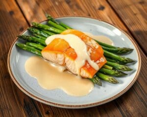 Zalm en asperges in een romige witte wijnsaus