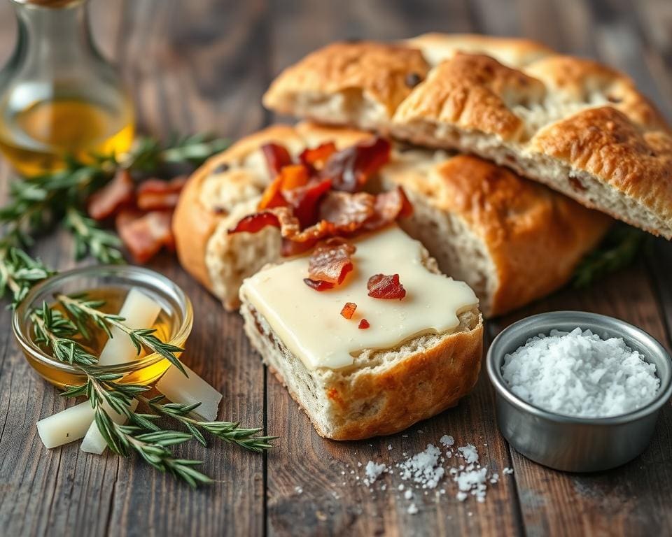 ingrediënten voor hartige focaccia met spekjes en kaas