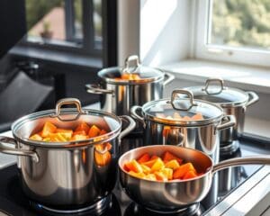 Kookpannen met glazen deksel voor zicht tijdens koken