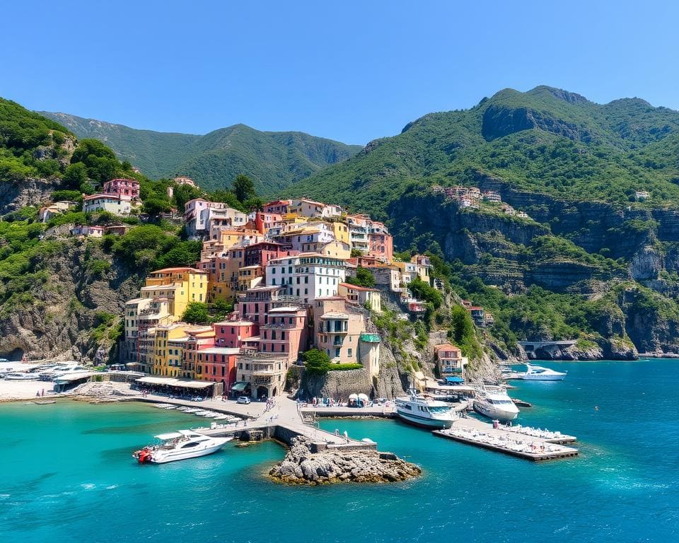 Positano: kleurrijke huizen en het blauwe water
