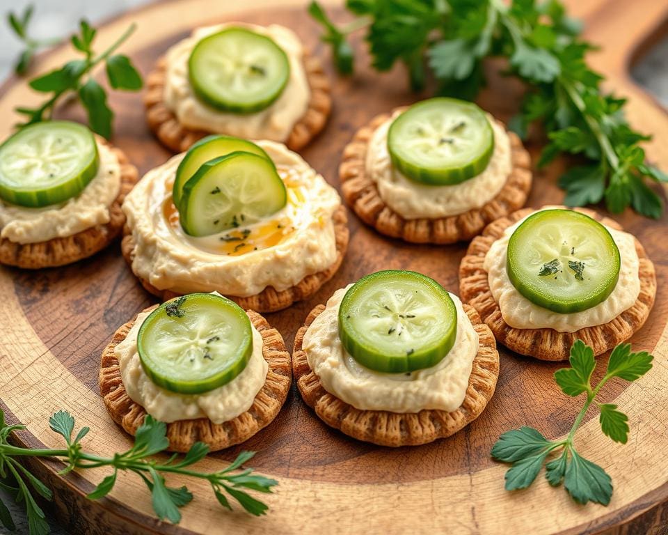 Volkoren crackers met hummus en komkommer
