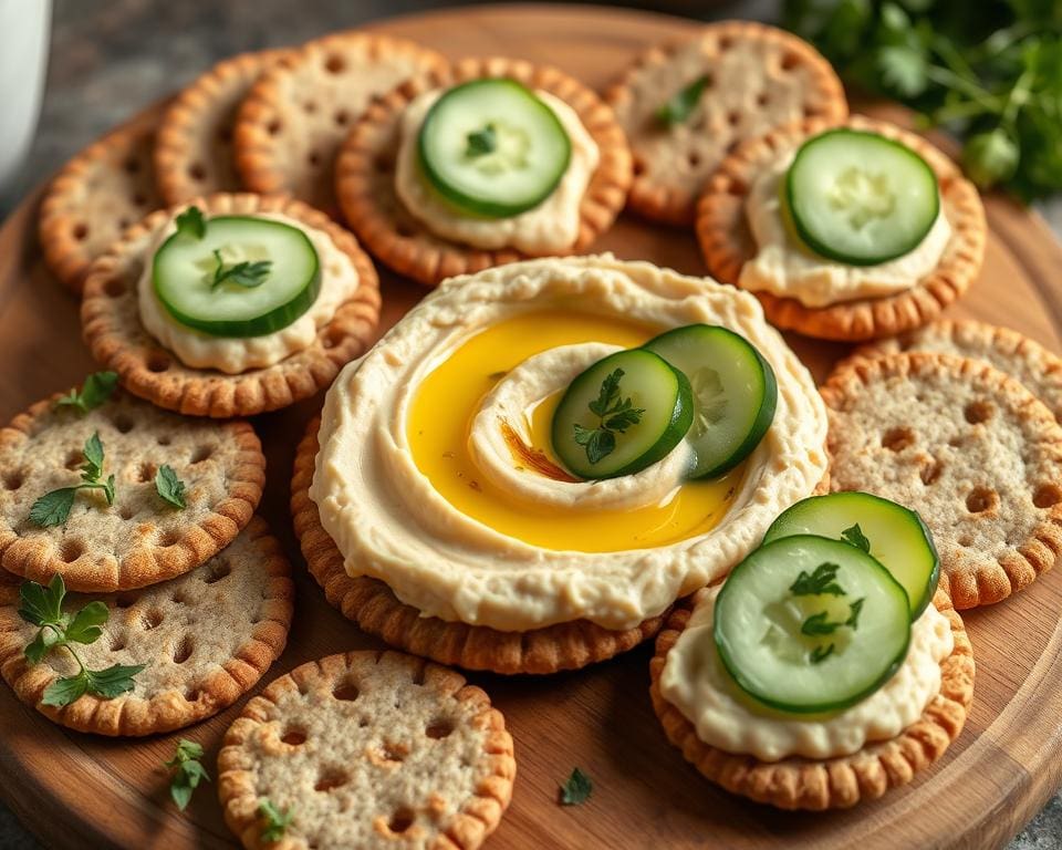 volkoren crackers met hummus en komkommer