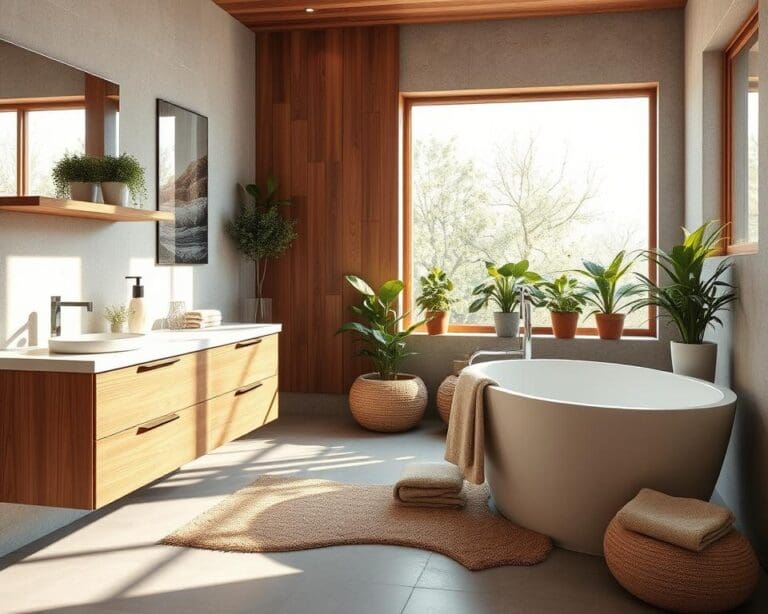 Een badkamer met warme houtaccenten en natuursteen